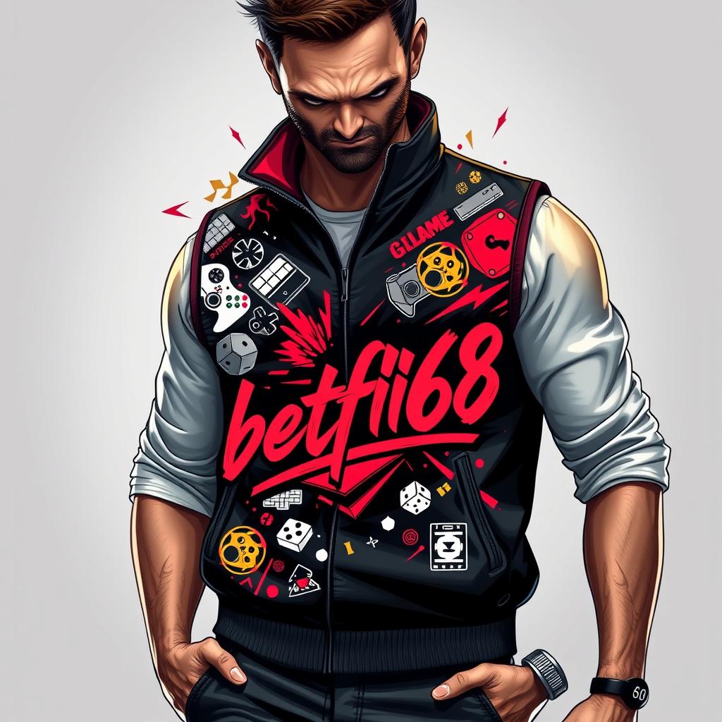 Mens Premium Fitted Vest with Gaming-Inspired Graphic Design 'betflik68'